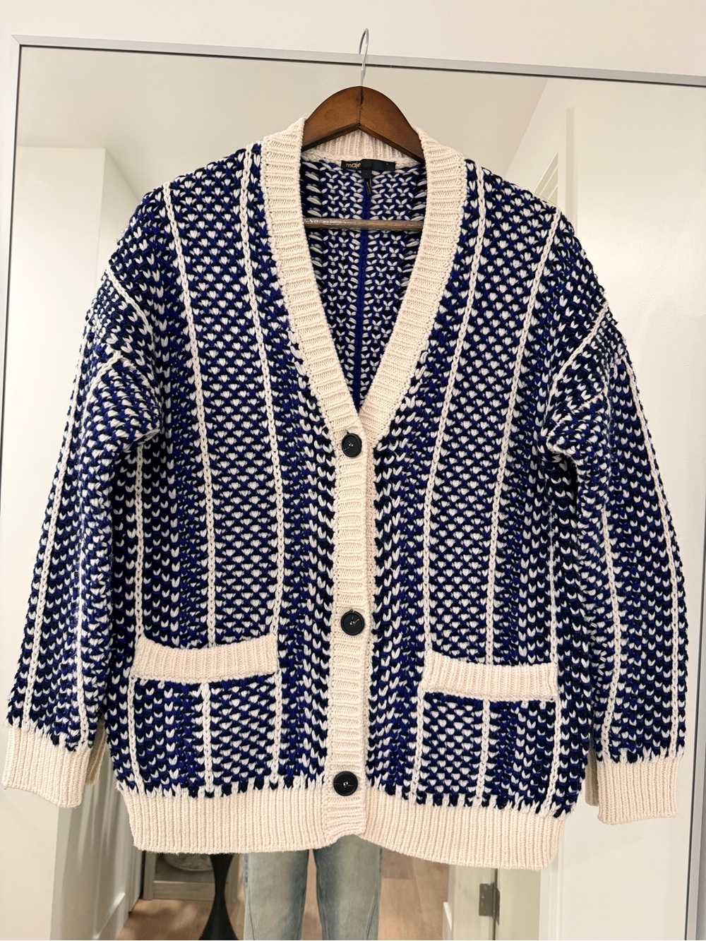 Maje Chunky Knit Blue and Cream V-Neck Cardigan Sweater